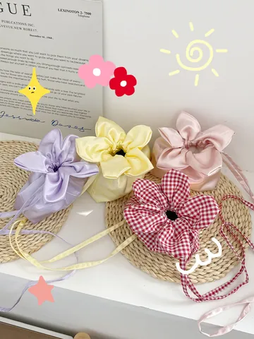 Cute Flower Shaped Drawstring Crossbody Bag Small Floral Grid Canvas Denim Plush Mini Cell Phone Bag For Women Girls Daily Use