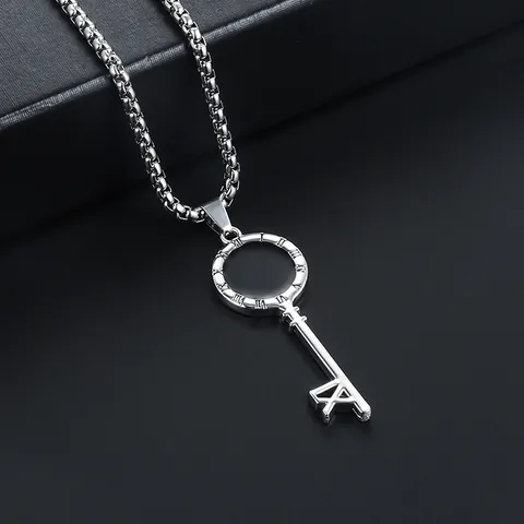 Hip Hop Titanium Steel Key Pendant Necklace For Men Women Roman Numerals Clock Design Silver Long Box Chain Sweater Necklace Fashion Jewelry