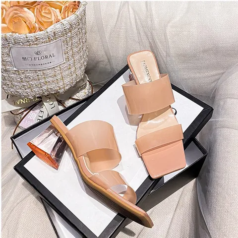 Women's Fashion Square Toe Rhinestone Transparent PVC Chunky Heel Sandals Elegant Clear Strap Slippers For Party Dating