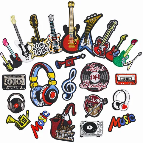 Musical Instrument Embroidery Patches Set Music Note Guitar Headphones Saxophone Cassette Iron On Patches For Clothing DIY Decoration Accessories