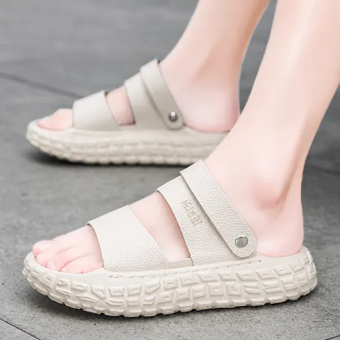 Men Sport Thick Sole EVA Slides Cushioned Double Strap Beach Sandals Lychee Texture Non Slip Height Increasing Casual Summer Shoes