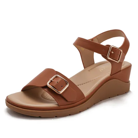 Sandalias Romanas con Cuña Bohemia para Mujer Cuero PU Suela Gruesa Zapatos de Playa con Hebilla de Metal Ajustable Casual