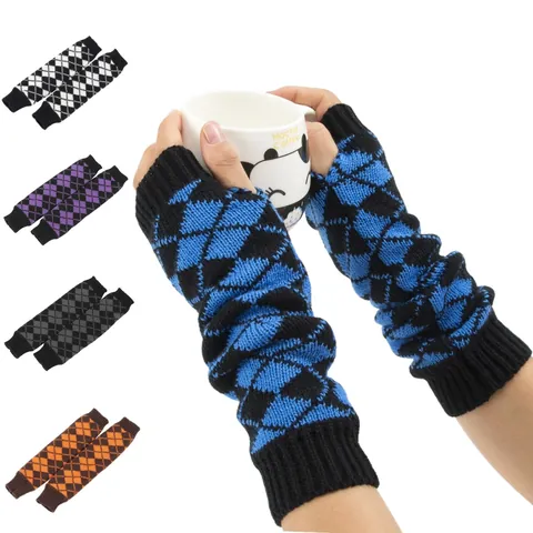 Gants Sans Doigts Longs en Tricot Argyle Manchettes pour Femmes Hiver Chauds Chauffe-Mains en Acrylique Accessoire de Mode Rétro