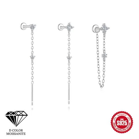S925 Sterling Silver Moissanite Tassel Stud Earrings For Women Classic Four Leaf Flower Petal Chain Cartilage Piercing Jewelry