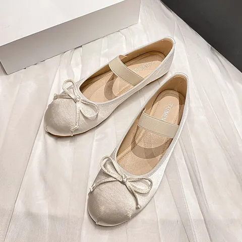 French Retro Silk Ballet Flats For Women Elegant Bowknot Mary Jane Flat Shoes With Elastic Strap Party Bridal Walking Footwear