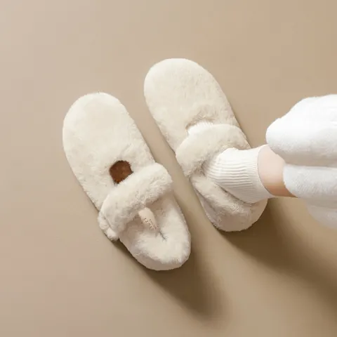 Women's Warm Plush Mary Jane Flat Shoes Faux Fur Round Toe Loafers For Winter Autumn Solid Color Slip On Fairy Style Casual Shoes