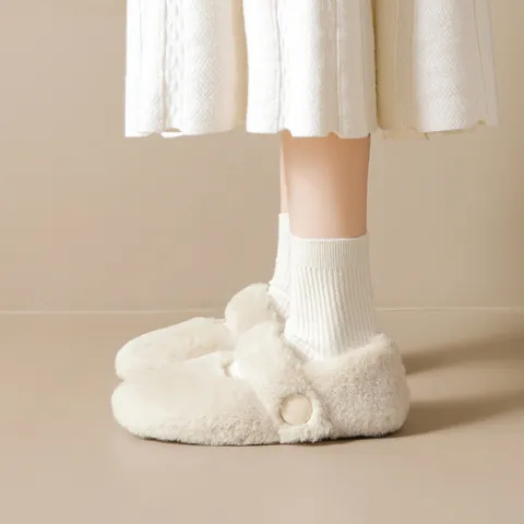 Women's Warm Plush Mary Jane Flat Shoes Faux Fur Round Toe Loafers For Winter Autumn Solid Color Slip On Fairy Style Casual Shoes