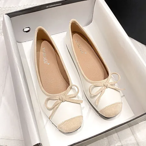 French Style Color Block Square Toe Ballet Flats With Bow For Women Microfiber Slip On Low Heel Casual Single Shoes