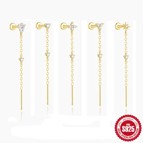 925 Sterling Silver Tassel Threader Earrings For Women Gold Plated AAAAA Cubic Zirconia Flower Star Drop Dangle Piercing Jewelry