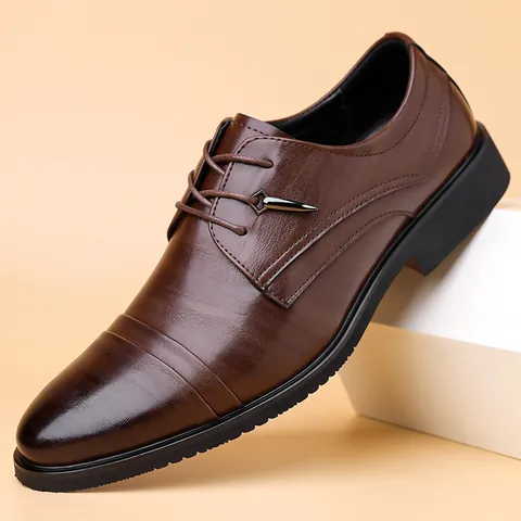 Men British Business Leather Shoes Formal Derby Shoes Lace Up Pointed Toe Brogue Detail Cowhide Office Wedding Party Footwear