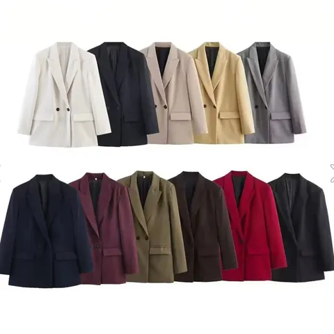 Women Blazer Jacket Double Breasted Long Sleeve Solid Color Lapel Casual Office Professional Outwear