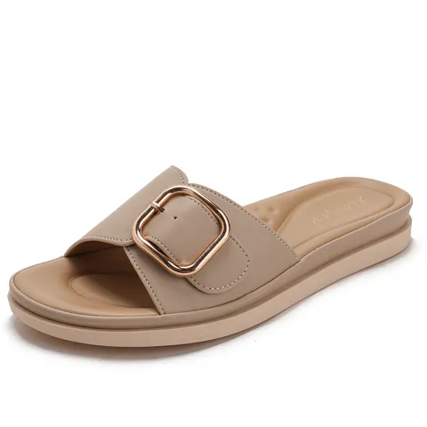 Women Fashion PU Leather Slippers Gold Square Buckle Vintage Soft Sole Platform Slides Summer Beach Outdoor Casual Flip Flops