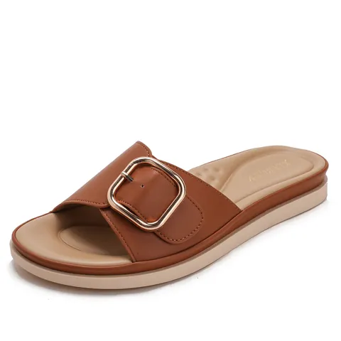 Women Fashion PU Leather Slippers Gold Square Buckle Vintage Soft Sole Platform Slides Summer Beach Outdoor Casual Flip Flops