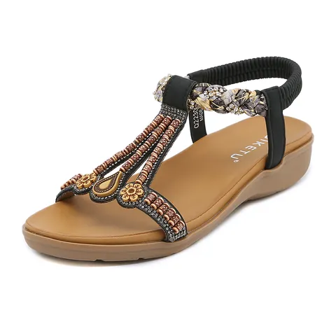 Bohemian Women's Wedge Sandals Rhinestone Beaded Braided Elastic Strap Summer Beach Casual Flat PU Leather Shoes