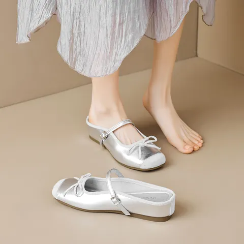 Zapatos Planos de Bailarina Plateados para Mujer Estilo Francés Punta Cuadrada Mary Jane Mules con Aumento de Altura Interior de Microfibra y Lazo