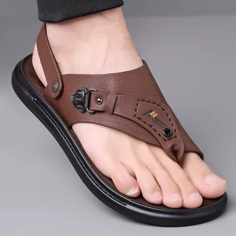 Heren Casual Splitleder Strandsandalen Antislip Tweeledig Slippers Massage Binnenzool Outdoor Zomer Platte Sandalen Bruin Zwart