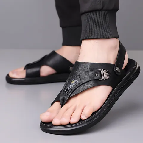 Heren Casual Splitleder Strandsandalen Antislip Tweeledig Slippers Massage Binnenzool Outdoor Zomer Platte Sandalen Bruin Zwart