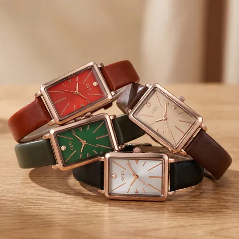 Ladies Quartz Watch Rectangular Alloy Case Leather Strap Water Resistant Vintage Simple Elegant Fashion Wristwatch Women