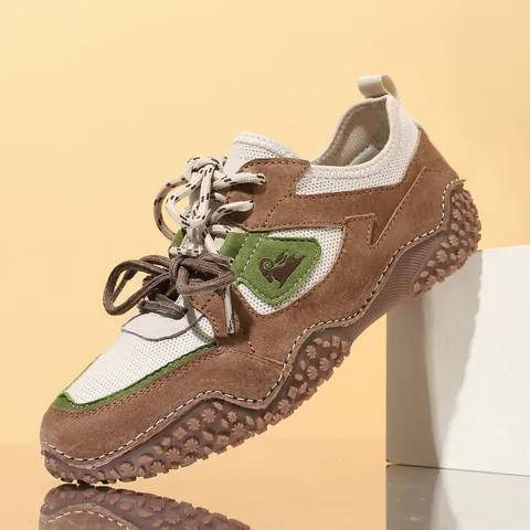 Retro Outdoor Casual Sneakers Women Men Real Leather Patchwork Breathable Mesh Anti-slip Rubber Grain Sole Lace Up Walking Shoes