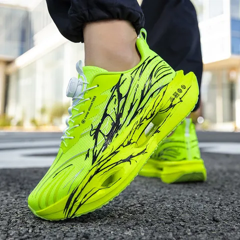 Men Mesh Running Shoes With Rotating Dial Closure Shock Absorption Thick Sole Casual Sport Sneakers Lightweight Walking Shoes