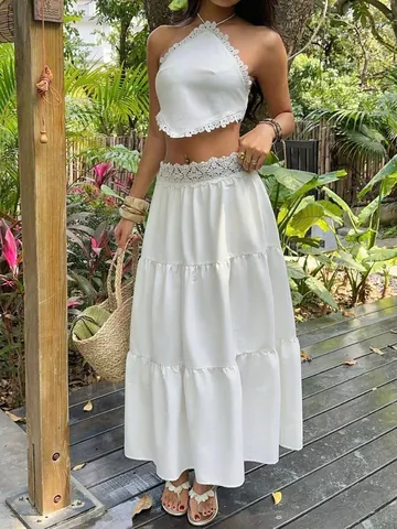 Women Boho Halter Crop Top And Tiered Maxi Skirt Vacation Outfits Lace Trim Polyester Top And Bottom Holiday Beachwear