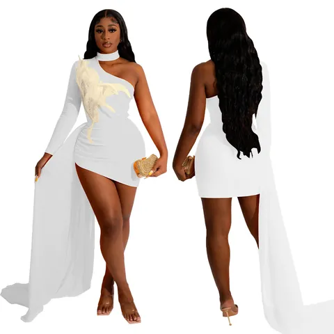 Women Sexy One Shoulder Feather Bodycon Dress Ruched Tulle Mesh Train Asymmetrical Mini Party Dress Solid Color Cocktail Top