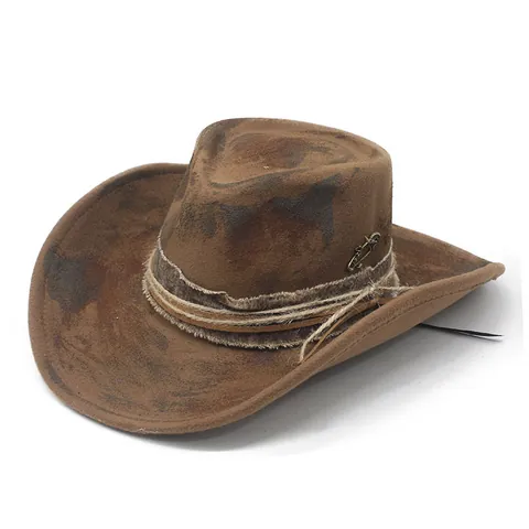 Vintage Polyester Maillard Distressed Cowboy Fedora Hat For Women Men Wide Brim Jazz Hat With Evil Eye Beads Rope Band Party Cap