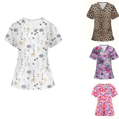 Damen V-Ausschnitt Bedruckt Kasack Kurzarm Polyester Pflegeuniform Arbeitskleidung Mit Taschen Lässig Blumen Leopard Oberteil