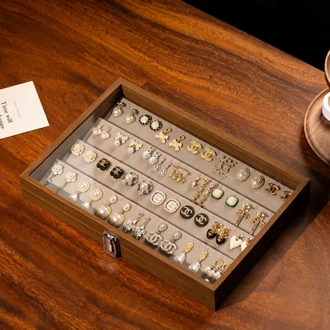 Boîte à Bijoux en Grain de Bois de Noyer Grande Capacité Organisateur de Boucles d'Oreilles et Bagues Boîtier d'Affichage Avec Couvercle en Verre Intérieur en Velours pour Femmes