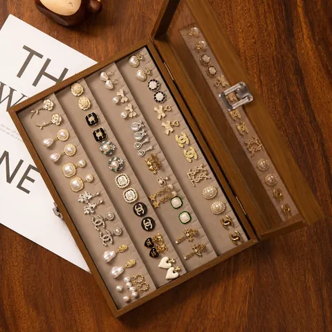 Boîte à Bijoux en Grain de Bois de Noyer Grande Capacité Organisateur de Boucles d'Oreilles et Bagues Boîtier d'Affichage Avec Couvercle en Verre Intérieur en Velours pour Femmes