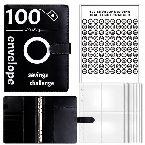100 Envelope Savings Challenge Binder Budget Book PU Leather Loose Leaf Savings Challenge Notebook For Cash Budgeting Financial Planner Home Office