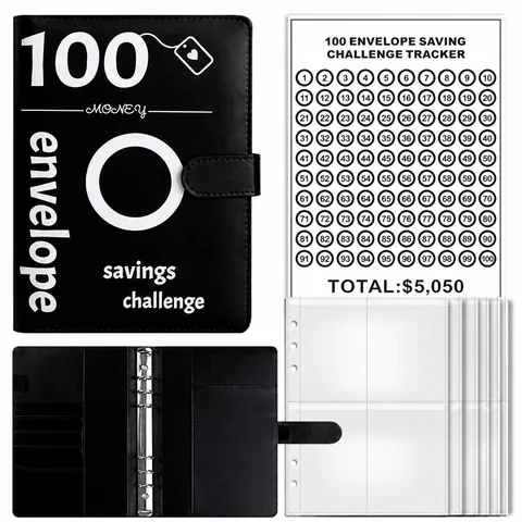 100 Envelope Savings Challenge Binder Budget Book PU Leather Loose Leaf Savings Challenge Notebook For Cash Budgeting Financial Planner Home Office
