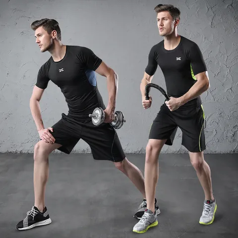 Men Quick Dry Sports Set Polyester Breathable T-Shirt And Shorts Fitness Running Gym Training Tracksuit Top And Bottom