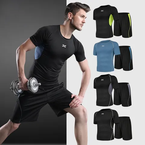 Men Quick Dry Sports Set Polyester Breathable T-Shirt And Shorts Fitness Running Gym Training Tracksuit Top And Bottom