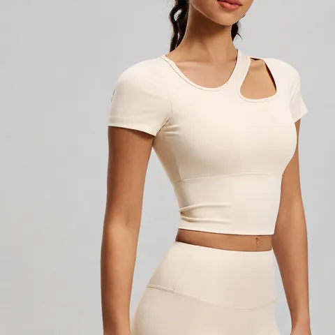 Women One Shoulder Cutout Yoga Top Short Sleeve Slim Fit Athletic Workout Shirt With Built-in Bra High Impact Sports Top