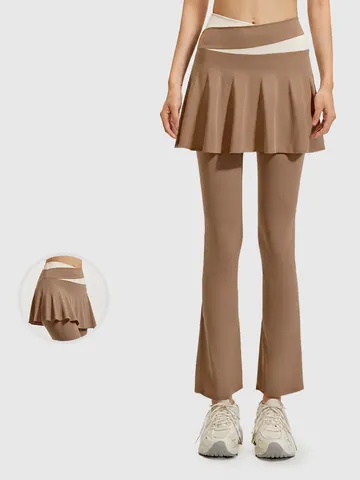 Women High Waist Contrast Flared Skirt Yoga Leggings High Elastic Fake Two Piece Butt Lifting Slimming Flared Skirt Pants Bottom