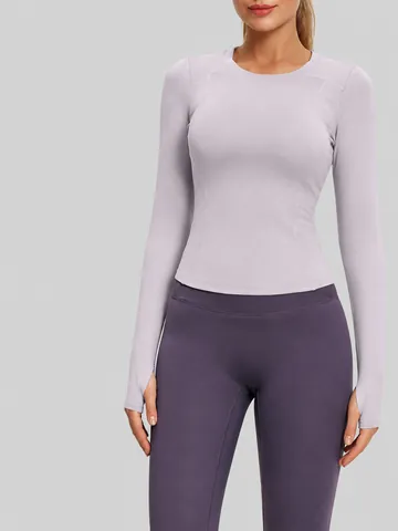 Women Slim Fit Yoga Top Long Sleeve Activewear Shirt With Thumbholes Elastic Breathable Sports T-Shirt For Running Gym