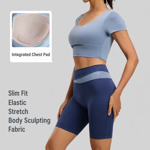 Women's Color Block Yoga Set Top And Bottom High Waist Tummy Control Butt Lifting Sports Biker Shorts And Short Sleeve Crop Top