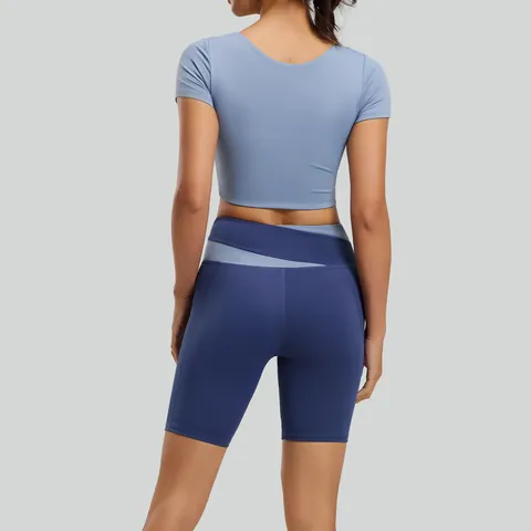 Damen Farbblock Yoga Set Kurzarm Crop Top Hohe Taille Patchwork Shorts Fitness Workout Sportbekleidung Oben Und Unten Outfit