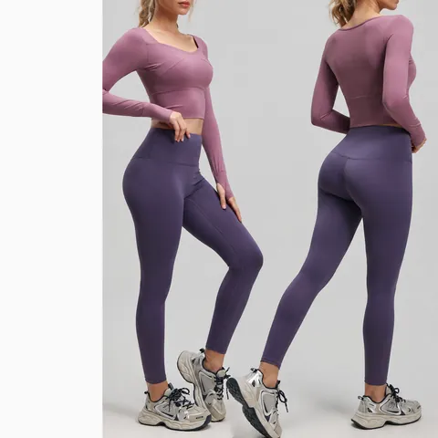 Women Slim Fit Yoga Set Long Sleeve Top And Bottom Quick Dry Breathable Gym Workout Set Thumb Hole Fitness Apparel