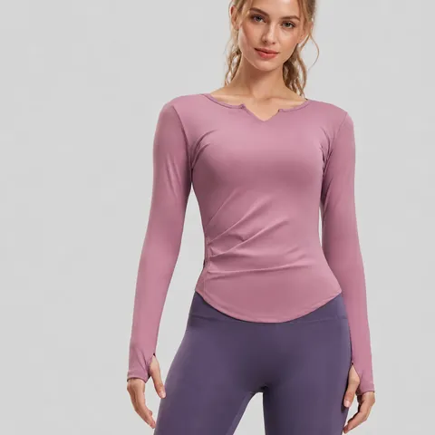 Top da Yoga a Maniche Lunghe con Scollo a V e Increspature da Donna Slim Fit con Foro per il Pollice Maglia Sportiva Traspirante Fitness