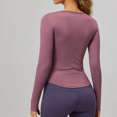 Top da Yoga a Maniche Lunghe con Scollo a V e Increspature da Donna Slim Fit con Foro per il Pollice Maglia Sportiva Traspirante Fitness