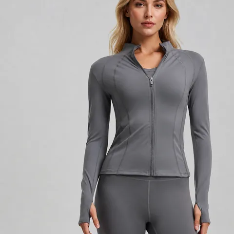 Women Slim Fit Yoga Jacket Zip Up Long Sleeve Sport Top With Thumb Holes Breathable Sun Protection Quick Dry Athletic Workout Coat