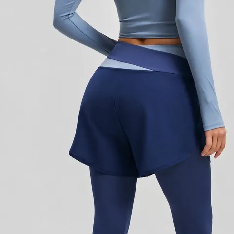 Pantaloni da Yoga Finto Due Pezzi Color-Block Donna Asciugatura Rapida Tasca in Rete Leggings Fitness Corsa Vita Alta Anti-Esposizione