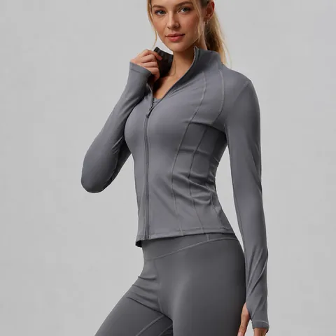 Women Slim Fit Yoga Jacket Zip Up Long Sleeve Sport Top With Thumb Holes Breathable Sun Protection Quick Dry Athletic Workout Coat