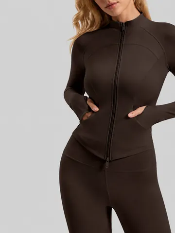 Damen Eng Anliegende Yoga Sportjacke Doppelreißverschluss Seitentaschen Daumenlöcher Schnelltrocknend Workout Laufen Athletic Top