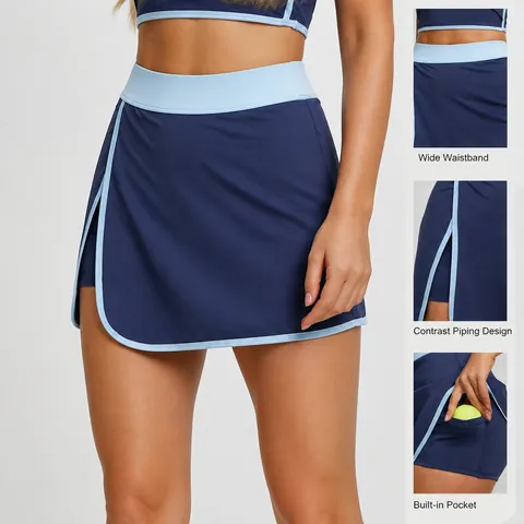 Women's Faux Two-Piece Yoga Skirt High Waist Athletic Skorts with Pockets Contrast Trim Running Tennis Fitness Bottom