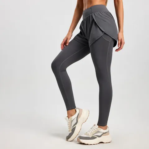 Women Faux Two-Piece Yoga Pants High Waist Hip Lifting Fitness Leggings With Side Pockets Polyester Spandex Running Gym Skinny Sport Trousers Bottom