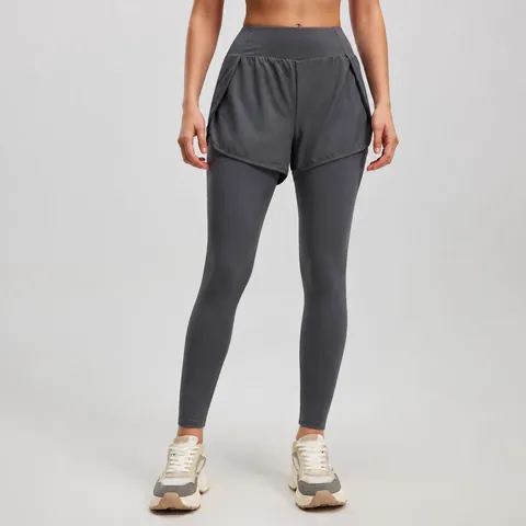 Women Faux Two-Piece Yoga Pants High Waist Hip Lifting Fitness Leggings With Side Pockets Polyester Spandex Running Gym Skinny Sport Trousers Bottom