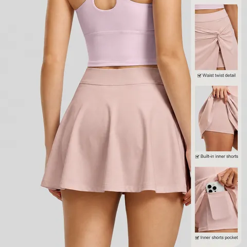 Women High Waisted Twist Front Tennis Skirt Quick Dry Sports Skort With Pockets For Yoga Running Workout Training
